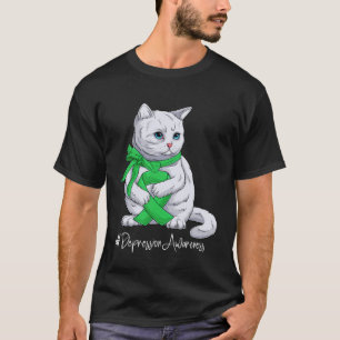 Depression Awareness Month Green Ribbon Cat T-Shirt