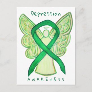 Depression Awareness Ribbon Green Angel Postcard