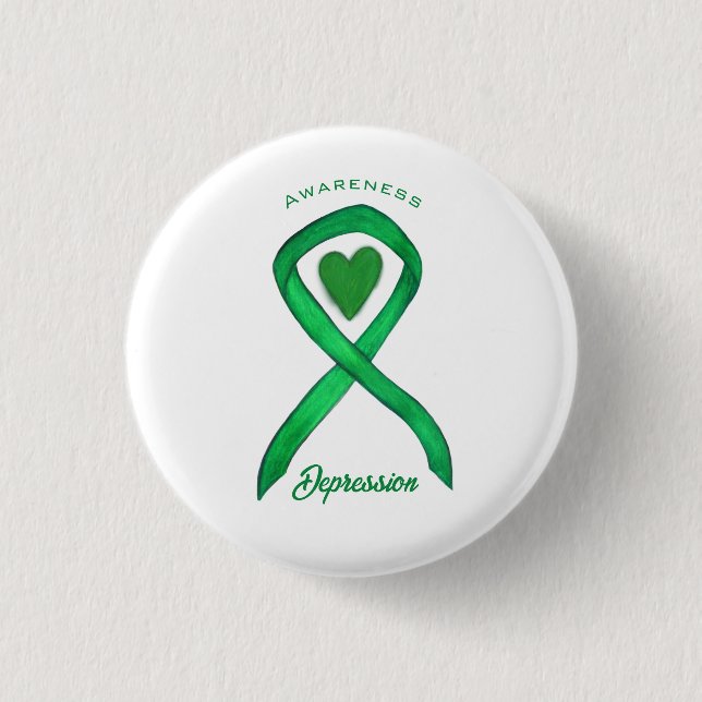 Depression Awareness Ribbon Green Heart Button Pin (Front)