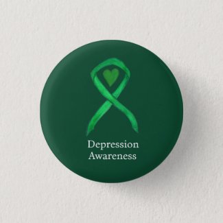 Depression Awareness Ribbon Green Heart Pin Button
