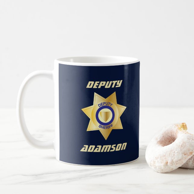 Deputy Sheriff Personalised Gold Star Badge Coffee Mug (With Donut)