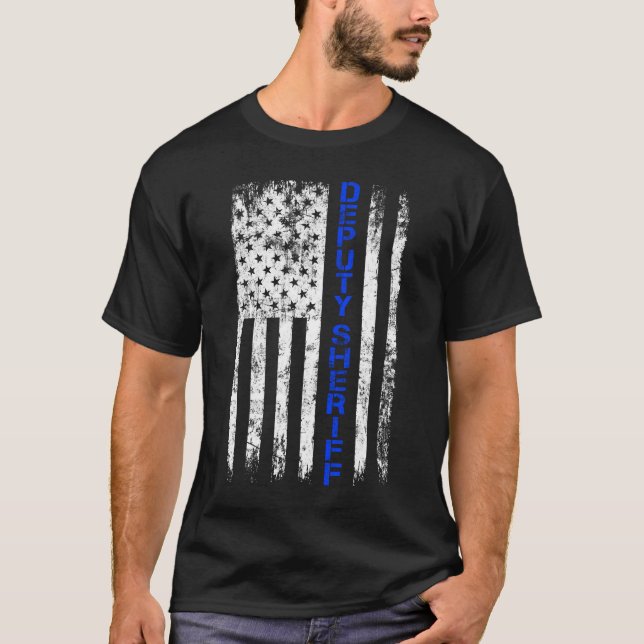 Deputy Sheriff Thin Blue Line American Flag T-Shirt (Front)