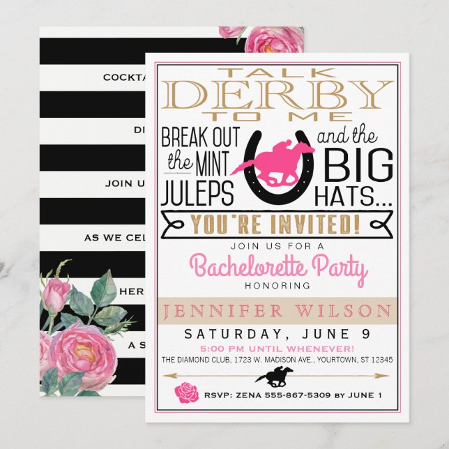 Derby Bachelorette Black/Gold/Pink Roses Custom Invitation (Front/Back)