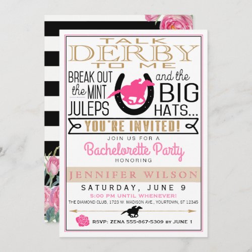 Derby Bachelorette BlackGoldPink Roses Custom Invitation