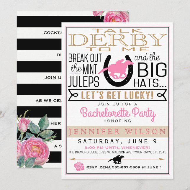 Derby Bachelorette Party Black/Gold/Pink Roses Invitation (Front/Back)