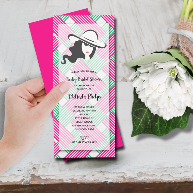 Derby Bridal Shower Hot Pink Green Invitation (Derby hat bridal shower hot pink and green diagonal stripes invitations)