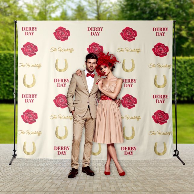 Derby Day Ivory Gold Rose Custom Photo Backdrop (Personalized Roses and Horseshoes photo backdrop for your derby party)