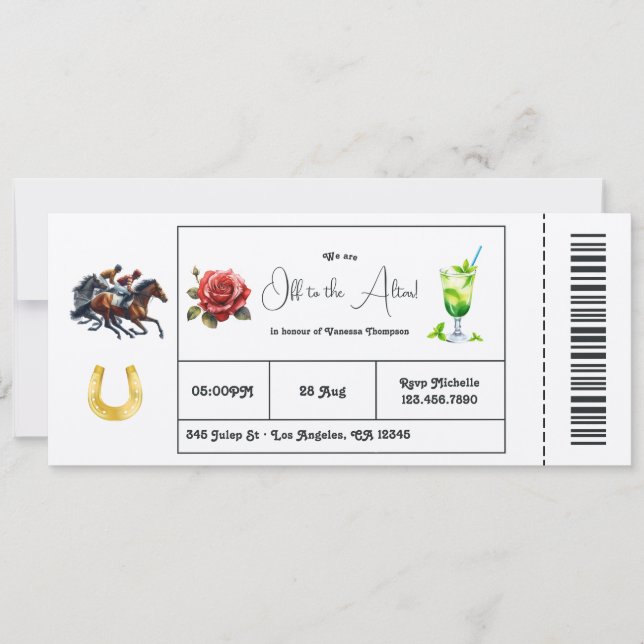 Derby Day "Off to the Altar" Bridal Shower Ticket Invitation (Front)