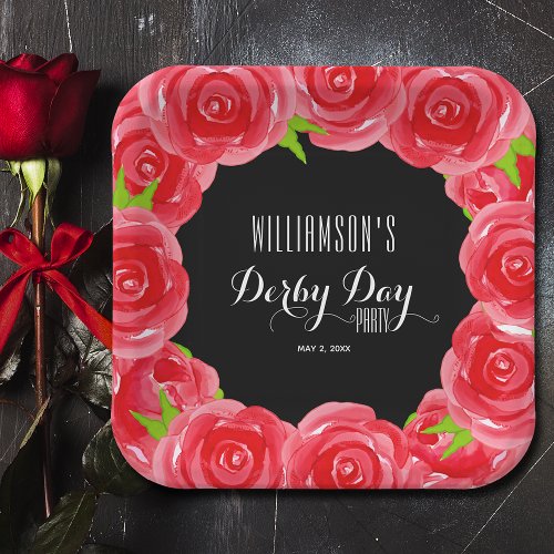 Derby Day Red Roses Square Paper Plates