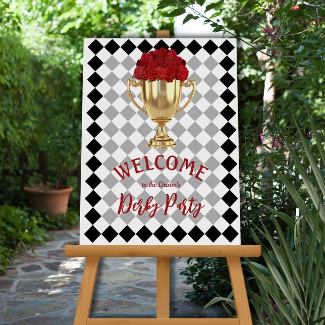 Derby Day Trophy and Roses Welcome Foam Board (Derby Day trophy and roses on diamond check pattern foam board Welcome sign)