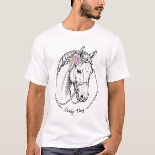 Derby Day Vintage Engraved Horse Flower Design T-Shirt