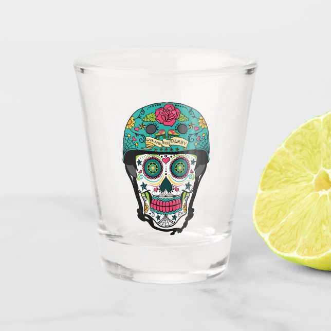 Derby de Los Muertos - Roller Derby Sugar Skull Shot Glass (Front)