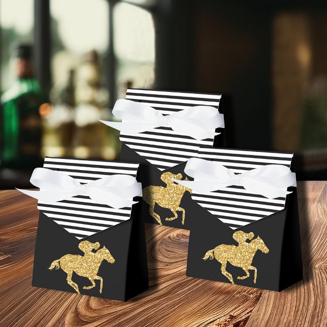 Derby Gold Racehorse and Jockey Favor Boxes (Gold racehorse Derby favor boxes are 3"w x 1.5"l x 3.25"h, ships flat, simple assembly required.)
