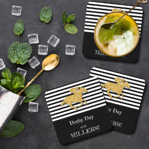 Derby Gold Racehorse and Jockey on Black Stripes Beverage Coaster