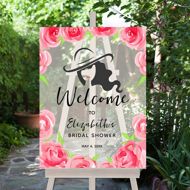 Derby Hat and Roses Bridal Shower Welcome Acrylic Sign (Lady in Derby hat and roses border bridal shower acrylic welcome sign)