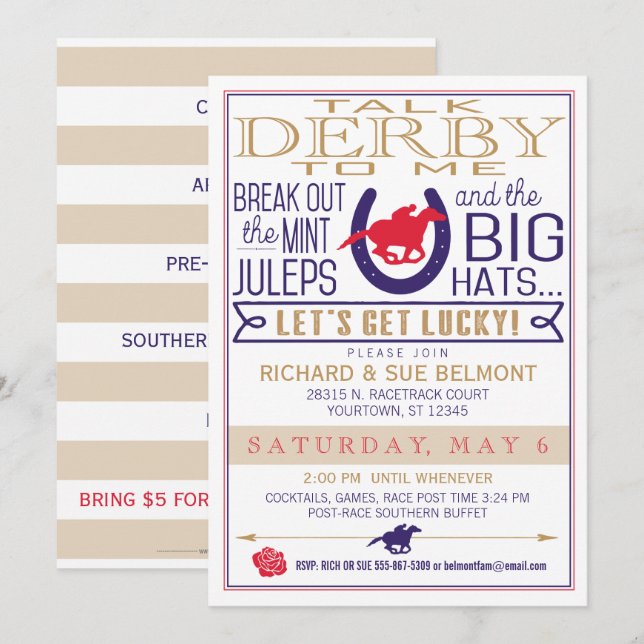 Derby Horse Racing Party Blue/Red/Gold Invitation (Front/Back)