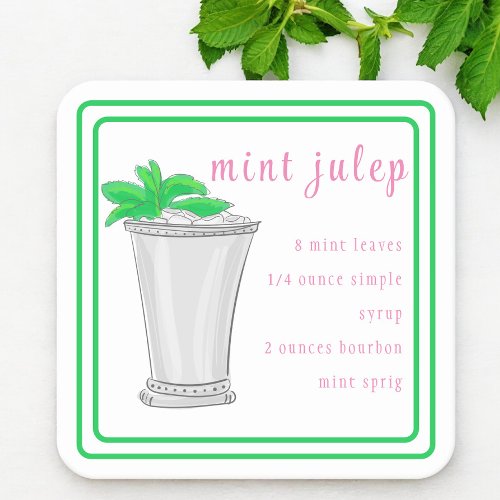 Derby Mint Julep Bar Recipe Preppy Border  Square Paper Coaster