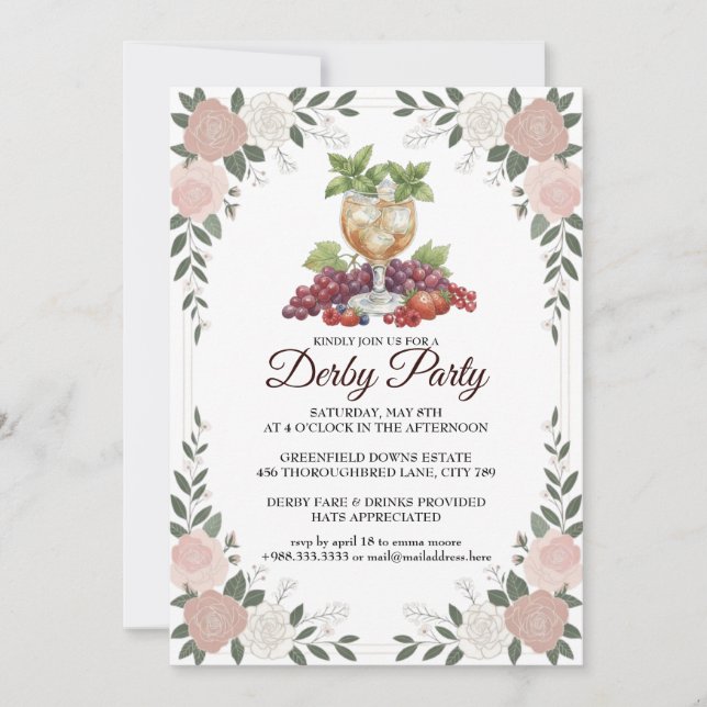 Derby Party Invitation Floral Mint Julep Design (Front)