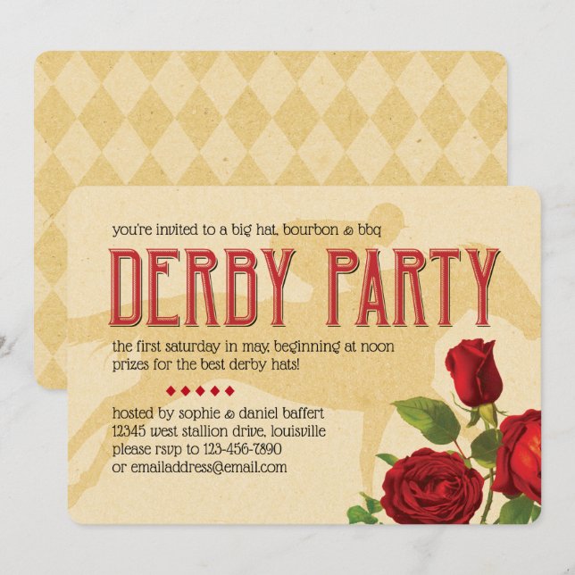 Derby Party Red Roses and Racehorse Invitation (Front/Back)