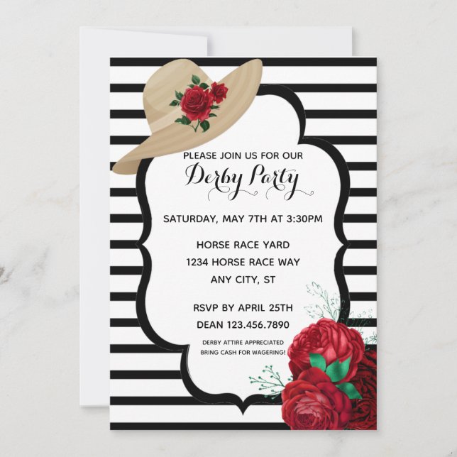 Derby Party Red Roses Stripes Racehorse Invitation (Front)