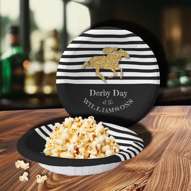 Derby Racehorse Black White Stripes Paper Bowls (Derby Gold Racehorse on Black and White Stripes Paper Bowls)