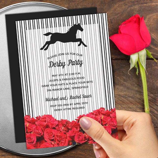 Derby Racehorse Silhouette and Roses Party Invitation (Order INSTANT DOWNLOAD to send digitally or PRINTED invitations to mail or both!)
