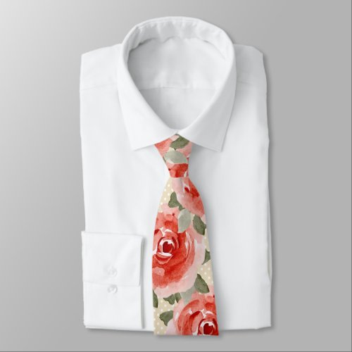 Derby Red Rose on White  Cream Dots Tie