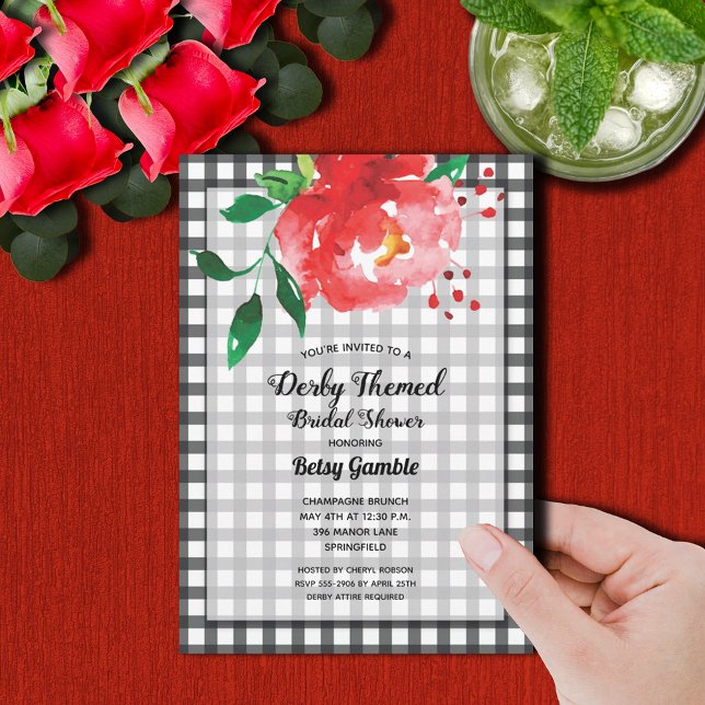 Derby Rose Gingham Bridal Shower Invitation (Red rose on black and white gingham Derby-themed bridal shower invitations)