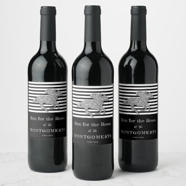 Derby Silver Racehorse and Jockey on Stripes Wine Label (Bottles)