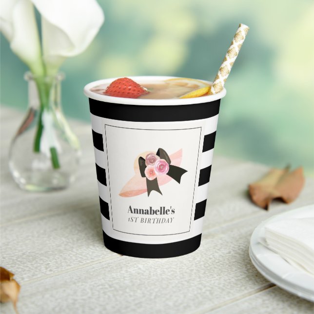 Derby Style Big Pink Hat Rose 1st Birthday Paper Cups (Insitu)