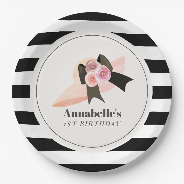 Derby Style Big Pink Hat Rose 1st Birthday Paper Plates (Front)