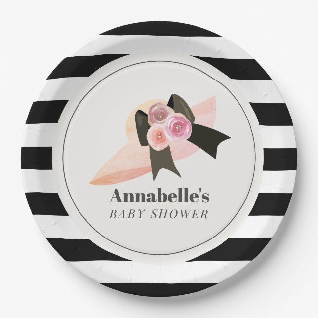 Derby Style Big Pink Hat Rose Baby Shower Paper Plates (Front)