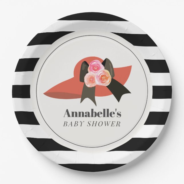 Derby Style Big Red Hat Rose Baby Shower Paper Plates (Front)
