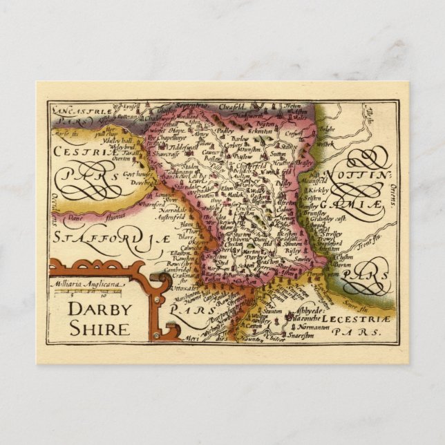 Derbyshire (Darbyshire) County England Antique Map Postcard (Front)