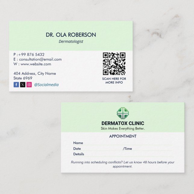 Dermatology Clinic Business | Clean Appointment Business Card (Front/Back)