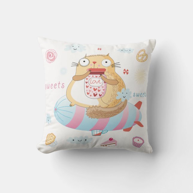 Derpy Cat and Snacks Throw Pillow (Front)