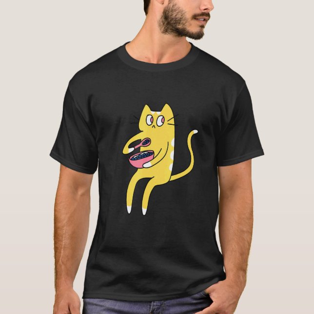 Derpy Kitty Yellow and White Cat Eating Cereal T-Shirt (Front)