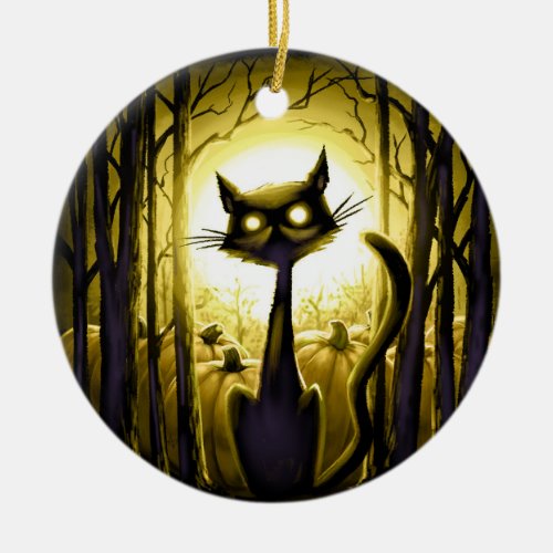 Derpy Little Halloween Cat in a Pumpkin Patch Ceramic Ornament