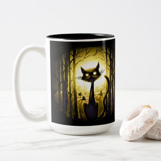 Derpy Little Halloween Cat in a Pumpkin Patch Two-Tone Coffee Mug (With Donut)