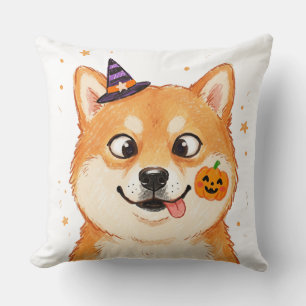 Derpy Shiba Inu Halloween Pumpkin  Throw Pillow