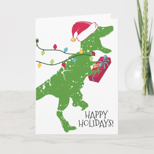 Derpy t_rex dinosaur Christmas lights Santa hat Holiday Card