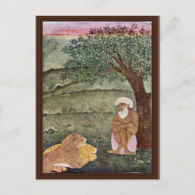 Dervish With A Lion And A Tiger. Mughal Painting. Postcard (Front)
