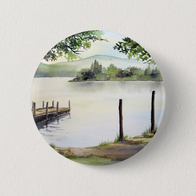 Derwent Water Keswick England Watercolor Painting Button (Front)
