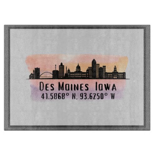 Des Moines IA City Skyline Latitude and Longitude  Cutting Board