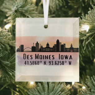 Des Moines IA City Skyline Latitude and Longitude Glass Ornament