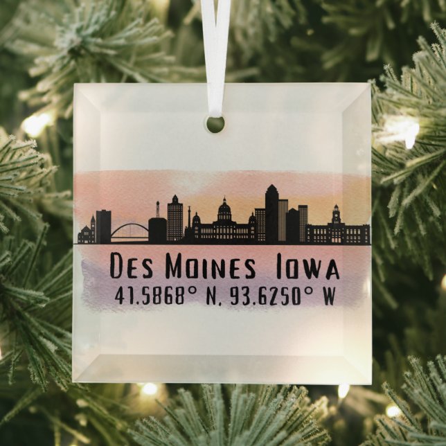 Des Moines IA City Skyline Latitude and Longitude  Glass Ornament (Insitu)