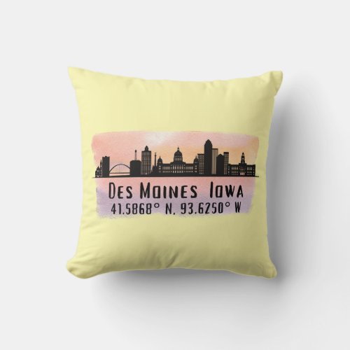 Des Moines IA City Skyline Latitude and Longitude  Throw Pillow
