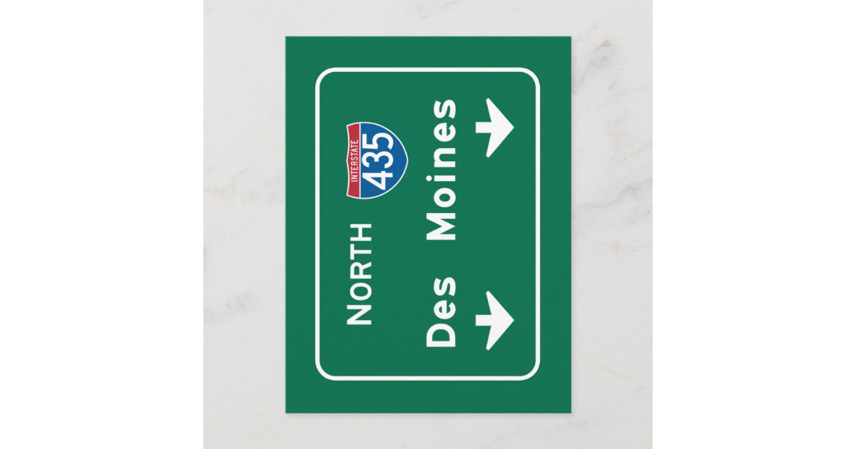 Des Moines, IA Road Sign Postcard