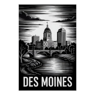 Des Moines Iowa Skyline Black White Woodcut Poster