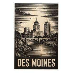 Des Moines Iowa Skyline Black White Woodcut Wood Wall Art